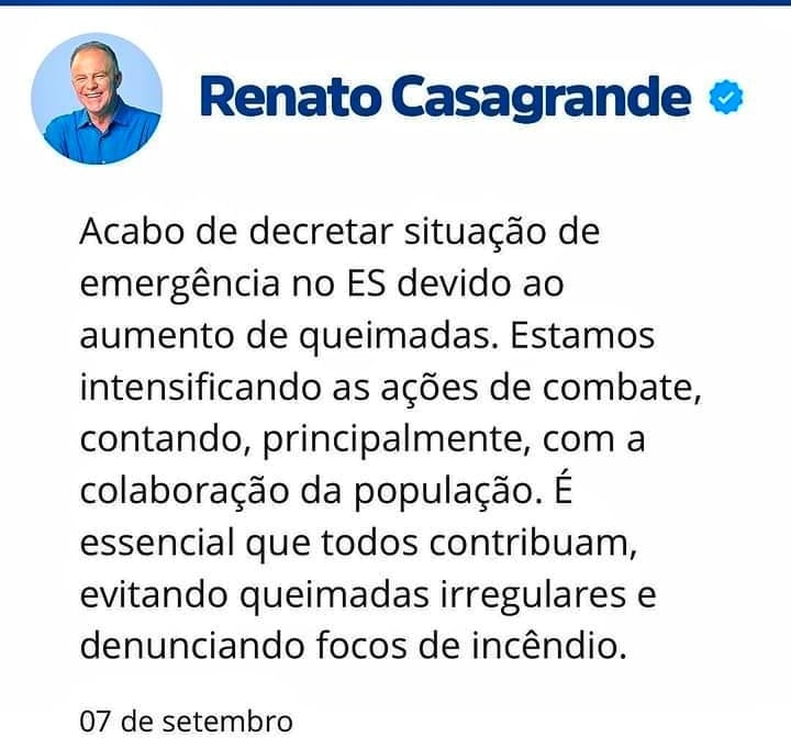 Sábado de Incêndio em vegetação de Victor Hugo. O governo Casagrande decretou situação de emergência